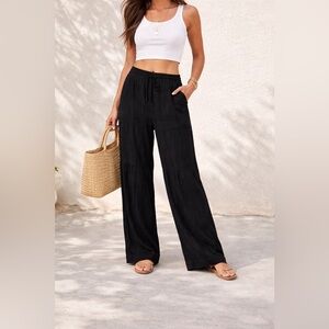Soft Surroundings Black Wide Leg Linen Blend Pants M Drawstring Boho Resortwear